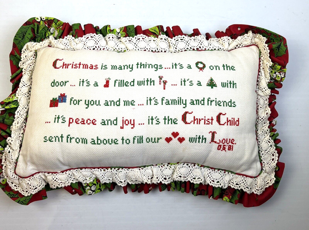 Christmas Pillow Cross Stitch 21" x 14" Red Green Ruffle Handmade Traditional